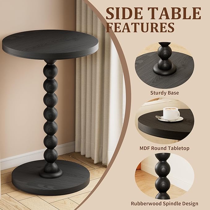 Round Side Table, Drink Table for Small Spaces, Modern Accent Nightstand with Rubberwood Leg for Living Room, Bedroom, Corners, and Office (Black)