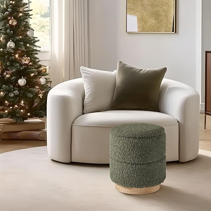 Get Set Style Round Ottoman with Storage, Modern Boucle Ottoman Upholstered Foot Stool with Wood Base, Vanity Stool Chair, Footrest Extra Seat for Living Room Bedroom Entryway (Olive Green)