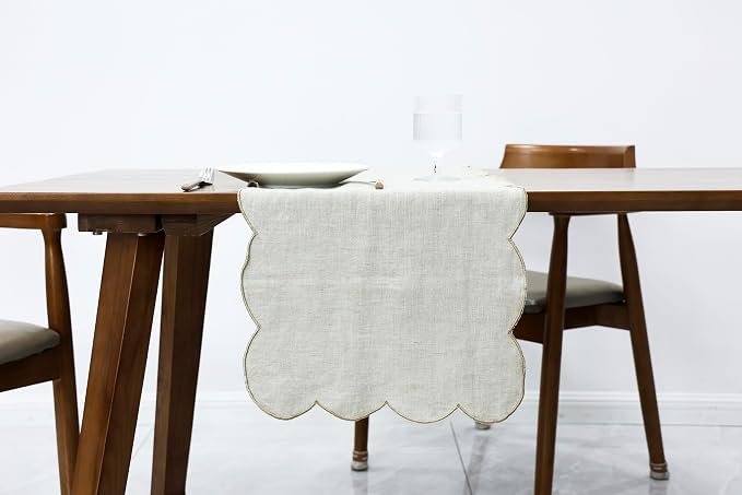 100% Natural Linen Rustic Scalloped Embroidery Table Runner 90 Inches Long, Linen Table Runner 14 x 90 Inch for Dresser and Dining Tables Decor, 6-8 Sets, 14''x90'' Linen(Edges-Gold)