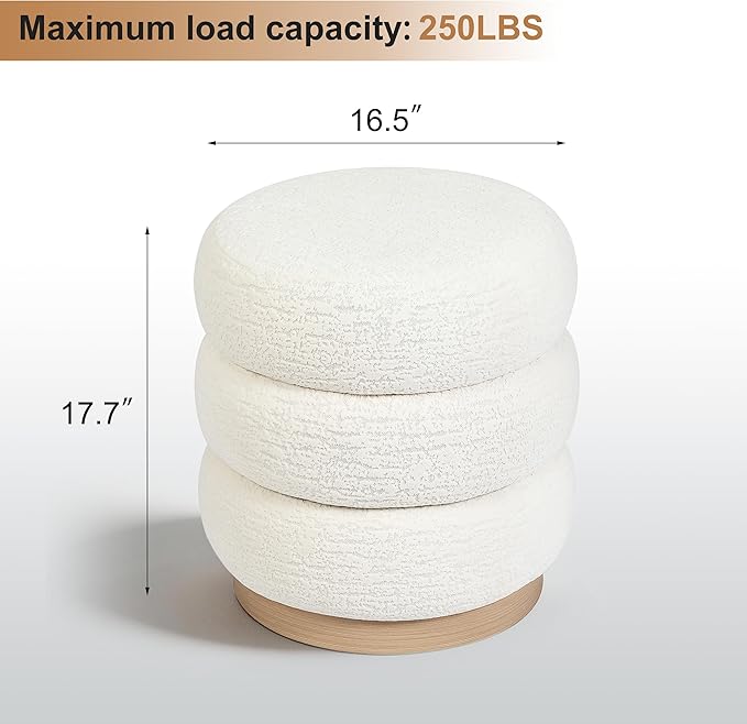 Velvet Round Pouf Ottoman, 16.5" Modern Upholstered Footrest Stool for Living Room & Bedroom Vanity, White