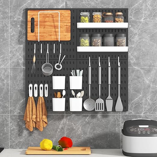 Peg Board Combination Kit, 8 Pegboards with 40 Accessories, Pegboard Wall Organizer for Office, Nursery & Home Storage, Key Holder, 51.2"x25.6" – Nail-Free Installation（Black）