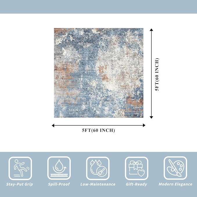 5x5 Square Rug for Living Room Machine Washable Non-Slip Area Rug for Kitchen Entryway Bathroom Modern Neutral Abstract Soft 5ft Indoor Carpet (Blue Rust, 5x5)