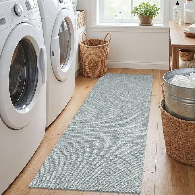 EARTHALL Washable Runner Rug 2x5 Ft Non Slip Runners for Hallways Cotton Rubber Backed Kitchen Runner Braided Indoor Floor Carpet Runners for Entryway, Hallway, Kitchen, Bedroom, Turquoise/Gray