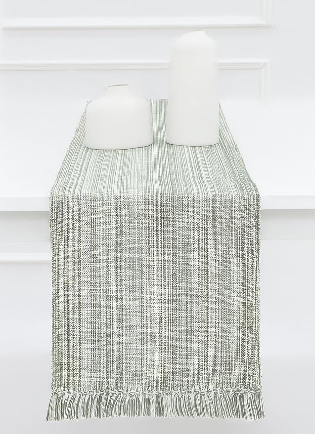 PurpleEssences Chambray Table Runner with Fringes - 100% Cotton, 13x72 Inch - Rustic Farmhouse Table Décor, Reusable, Machine Washable for Dining Tables - Spring Easter Summer - Olive Green & H.White