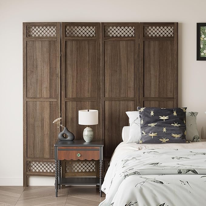 Privacy Screen Room Divider Panel - Real Wood Folding Partition Room Dividers, No-Assembly Required, Enhance Privacy and Aesthetic Appeal, Ideal for Home or Office Brown 67 Inch Tall 4 Panel