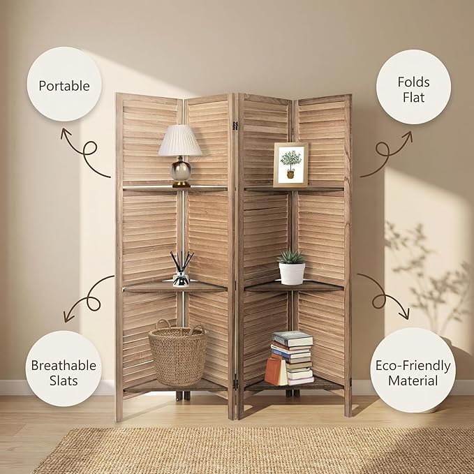Bluecat 4 Panel Folding Room Divider with Shelves, Portable Lightweight Privacy Screen for Bedroom Home Office, No Assembly Required, Brown