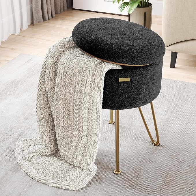 Round Ottoman with Storage, Boucle Storage Ottoman, Foot Stool Ottomans, Makeup Vanity Stool, Small Ottomans Foot Rest, Modern Vanity Stools for Living Room and Bedroom, Black