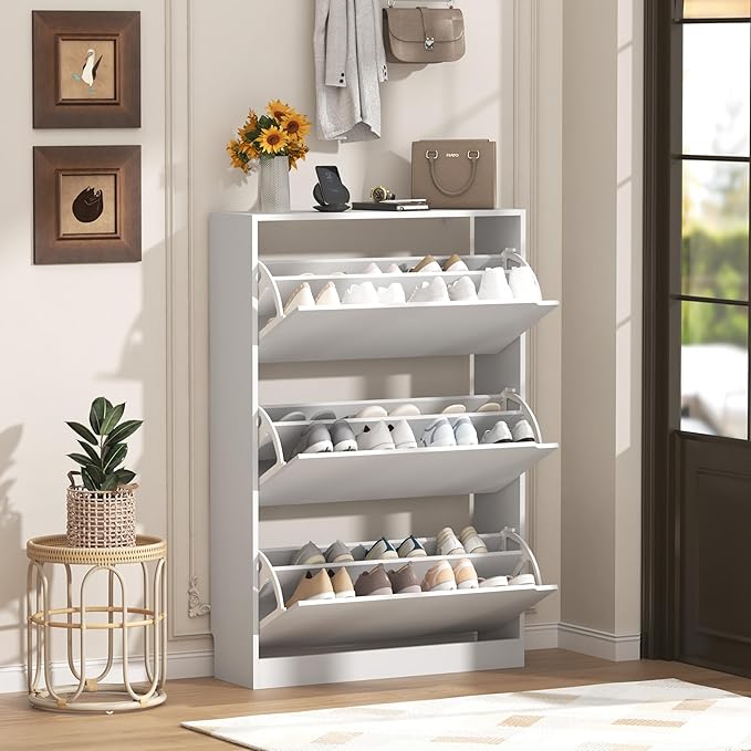 Wodeer Shoe Storage Cabinet with 3 Flip Drawers, Slim Hidden Wood Shoe Cabinet Storage for Entryway, Freestanding Narrow Shoe Rack Organizer with Adjustable Shelves for Foyer, Hallway, White
