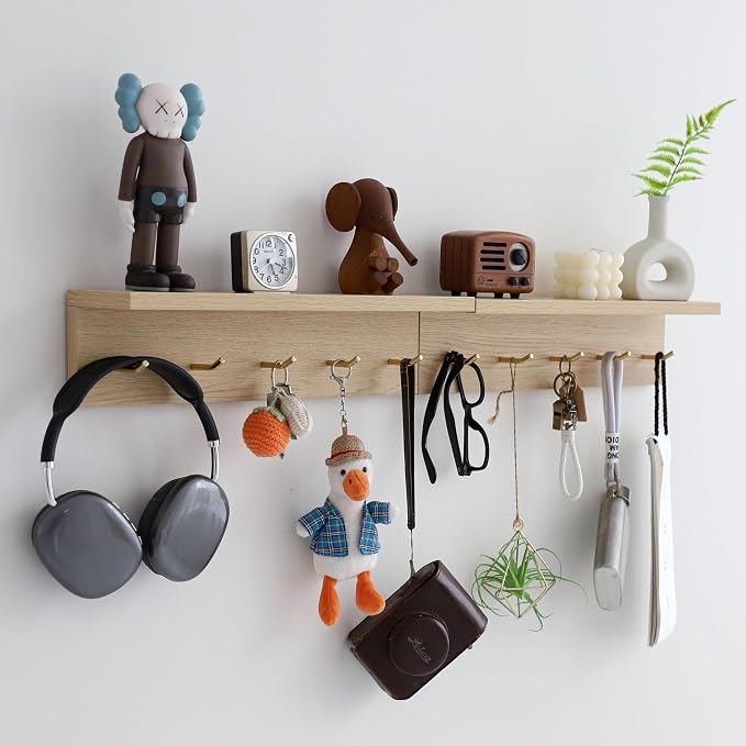 Marine Plywood Wall Mounted Coat Rack with Shelf & Key Hooks, 5 Brass Hooks Entryway Organizer, Modern Floating Shelf for Bedroom Hallway, Space-Saving Home Storage Rack (2, Oak Finish)
