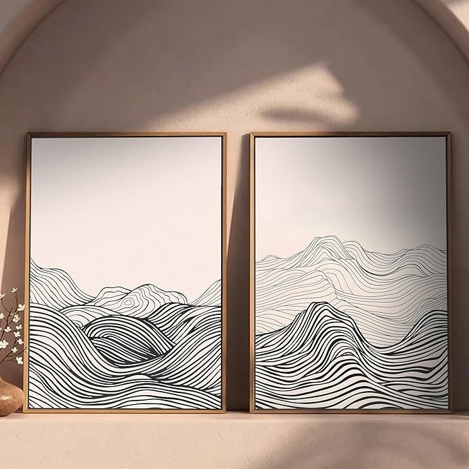 ARTZIO Framed Canvas Prints-Black and White Wall Art,Japanese Minimalist Abstract Ocean Wave Line Art,Vintage Retro Decor,Ready to Hang for Living Room,Bedroom,Bathroom & Office(16"x24")