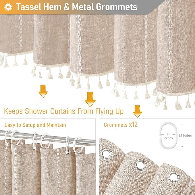 BTTN Extra Long Shower Curtain - 72x84 Long Boho Chic Striped Tassel Linen Fabric Shower Curtain Set with Hooks, Tall Modern Farmhouse Aesthetic Weighted Cloth Shower Curtains for Bathroom - Tan/Taupe