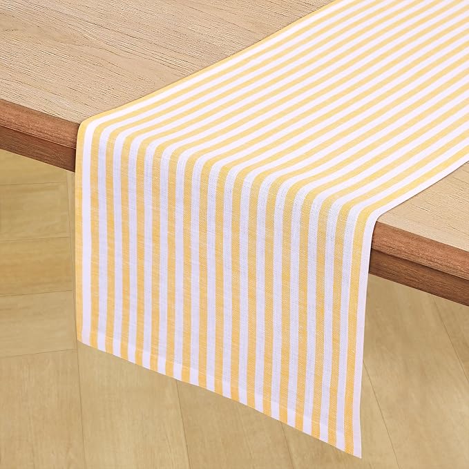 Solino Home Linen Table Runner 120 Inches Long - Amalfi Stripe, 100% Pure Linen Mustard and White Table Runner 14 x 120 Inch for Dining, Summer