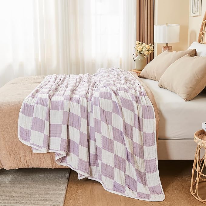 EMME Cooling Muslin Twin XL Blanket - Checkered Lightweight Summer Cotton Blankets of Rayon Derived from Bamboo for Hot Sleepers, Soft Breathable All Season Gauze