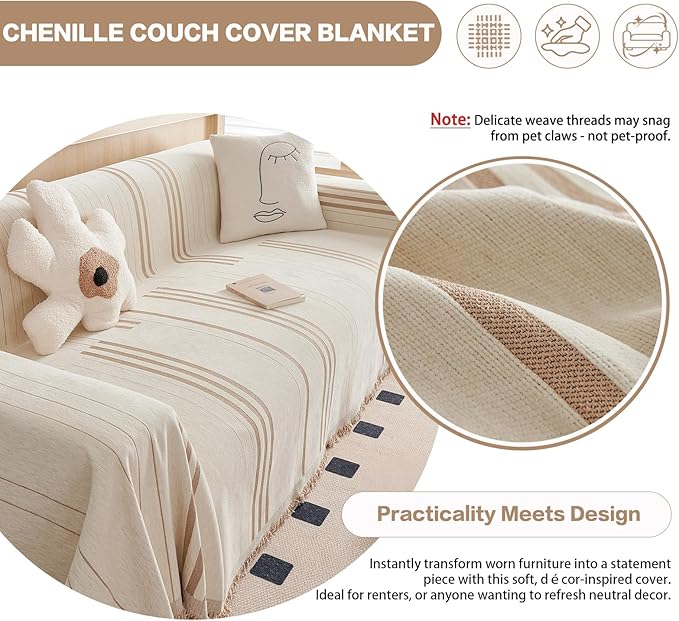 DREAMINGO Couch Cover for Sofa, Chenille Couch Cover Blanket, Washable Sofa Covers for 2 Cushion Couch, Stripes Jacquard Loveseat Covers Soft Furniture Protector Slipcover, 71"x118", Beige Coffee
