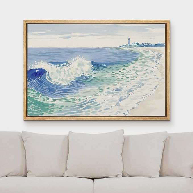 MUDECOR Framed Canvas Print Wall Art Coastal Wave Illustration with Lighthouse Nautical Illustrations Minimalism Decorative Bohemian Colorful Zen for Living Room, Bedroom, Office - 16"x24" NATURAL