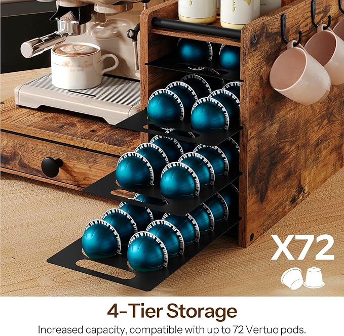 YATINEY Coffee Pod Drawer Holder, 4 Tier Holder for Vertuo, 72 Pods Large Capacity, Coffee Station Organizer with Storage Drawer and 3 Hooks, Rustic Brown and Black KH02BR
