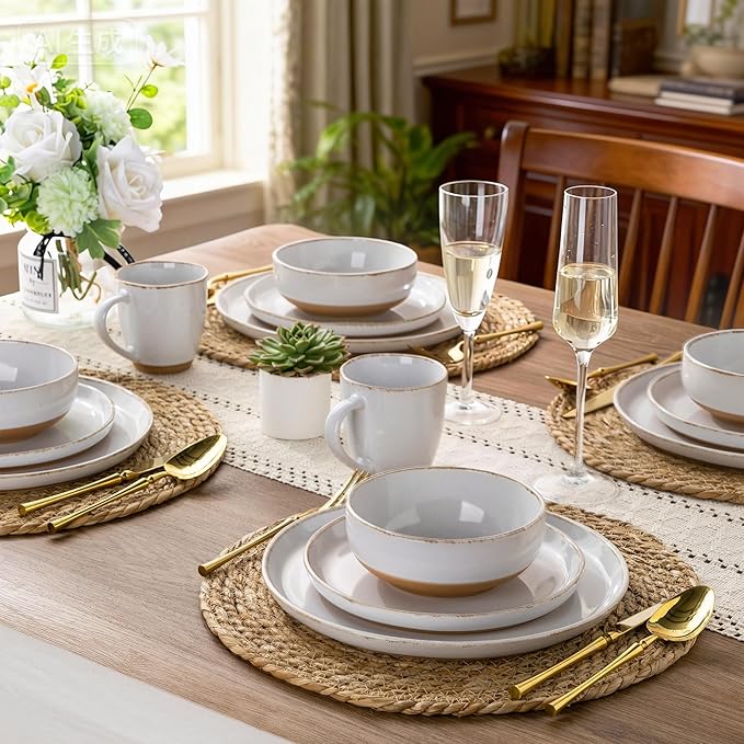 AmorArc Dinnerware Sets for 6, 18 Pieces Stoneware Plates and Bowls Set with Handbrush Rim, Scratch Resistant Dishes Set, Dishwasher & Microwave Safe, White