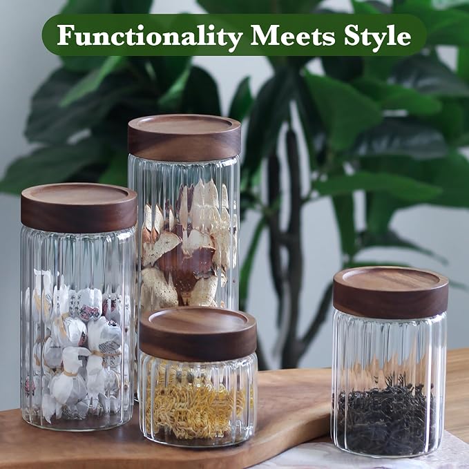 Decorative Borosilicate Glass Jar with Screw Top Airtight Wooden Lid, 54 oz/1600ml Leak Resistant Food Storage Canister, Wide Mouth Container for Cereal Coffee Tea Cookie Candy Coffee Pods Pet Treat