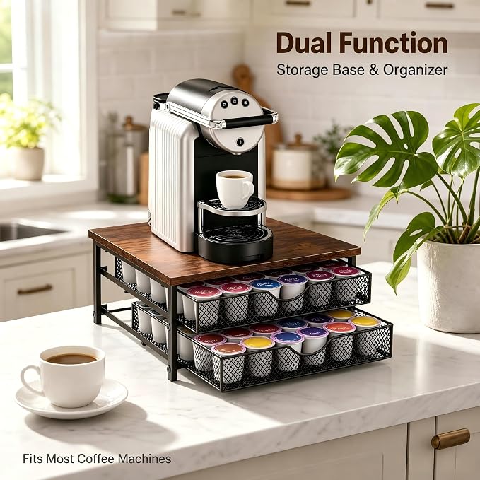 Coffee Pod Organizer 2 Tier Coffee Pod Drawer Holder 72 Capacity K Cup Coffee Capsule Storage Rack for Countertop Metal Coffee Pod Storage with Sliding Baskets for Home Office Coffee Station
