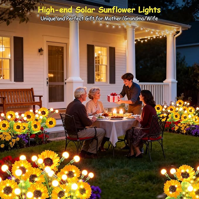 Garpar Solar Lights Outdoor Garden Decor, 4 Pack 800mAH Swaying Solar Firefly Lights with Bigger Sunflowers, Brighter Waterproof Solar Flower Lights for Outside Yard, Gifts for Mom Grandma Women