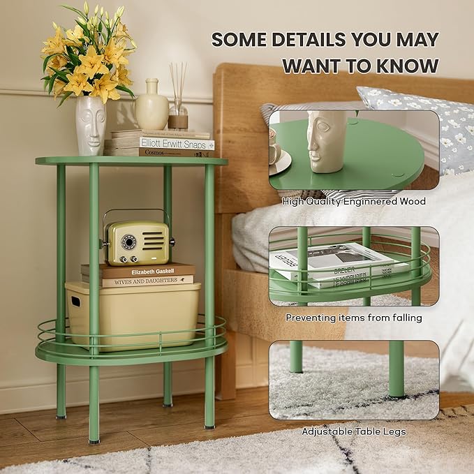 Green Side Table Set of 2,Small Modern Round Side Table with Storage,2-Tier Nightstand,Samll End Table for Small Space,Living Room,Bedroom, Nursery, (2PC,Green)