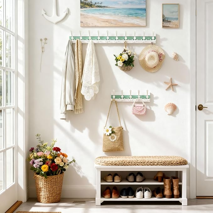 SKOLOO Coastal Wall Mounted Coat Rack - 16-7/8" Beach House Entryway Wooden Coat Hook with 5 Hooks for Hanging Coats, Hats or Towels, Oceanfront Cottage Core Collection, White & Green