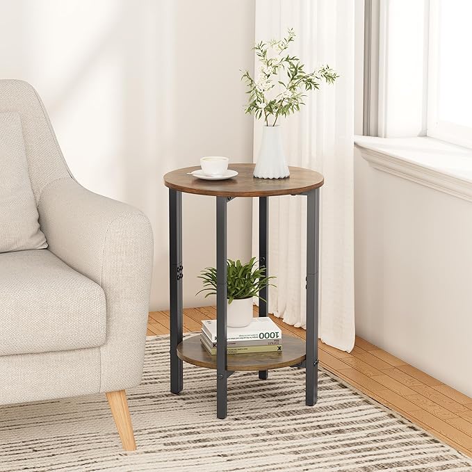 Vagusicc Side Table, Small Round End Table, Set of 2 Half Round Side Table for Living Room, 2 Tier Small Couch Side Tables, Round Coffee Table, Thin Accent Sofa Table Narrow Entryway Table, Brown
