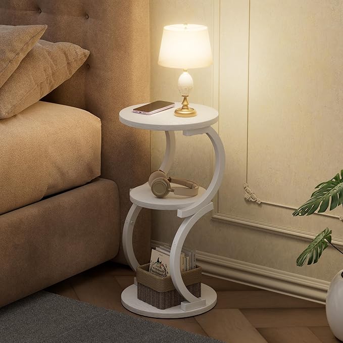 JUSTOGO Small Round Side Table, 3-Tier End Table for Living Room, Vintage Nightstand for Small Spaces Sofa Couch Corner Bedside Bedroom, S-Shaped Wood Accent Table Matel Coffee Table, White