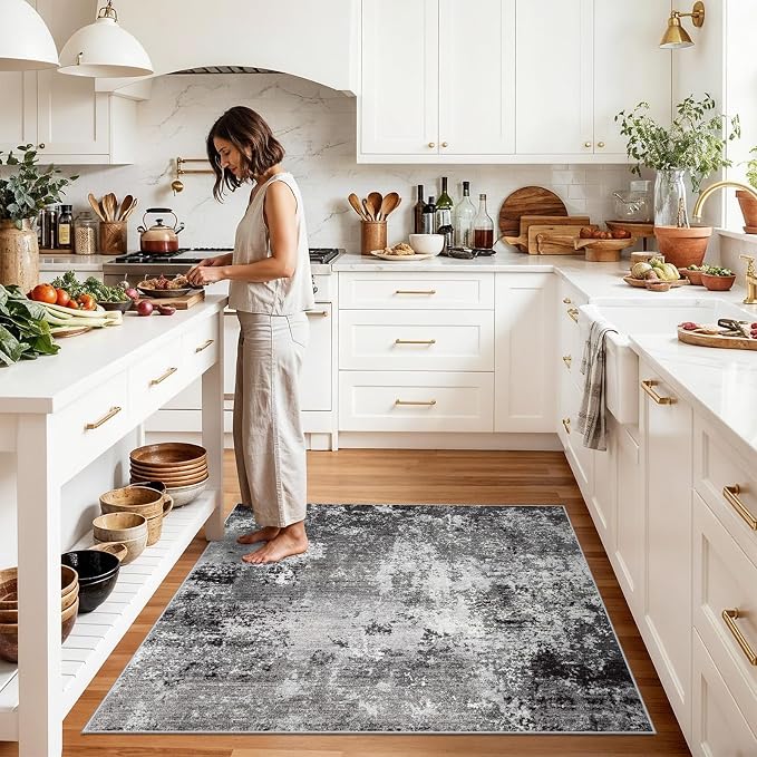 5x5 Rug Square for Living Room – Machine Washable Non-Slip Area Rug for Kitchen Entryway Bathroom – Modern Neutral Abstract Soft 5ft Indoor Carpet (Black Grey, 5x5)