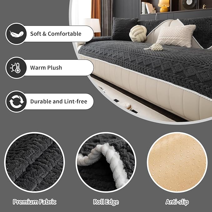 Geometric Jacquard Plush Warm Sofa Couch Cover, Soft Funny Fuzzy Couch Covers, Non Slip Sectional Sofa Slipcover, Cozy Washable Furniture Protector for Kids, Pets (Dark Grey, 36"x 63")
