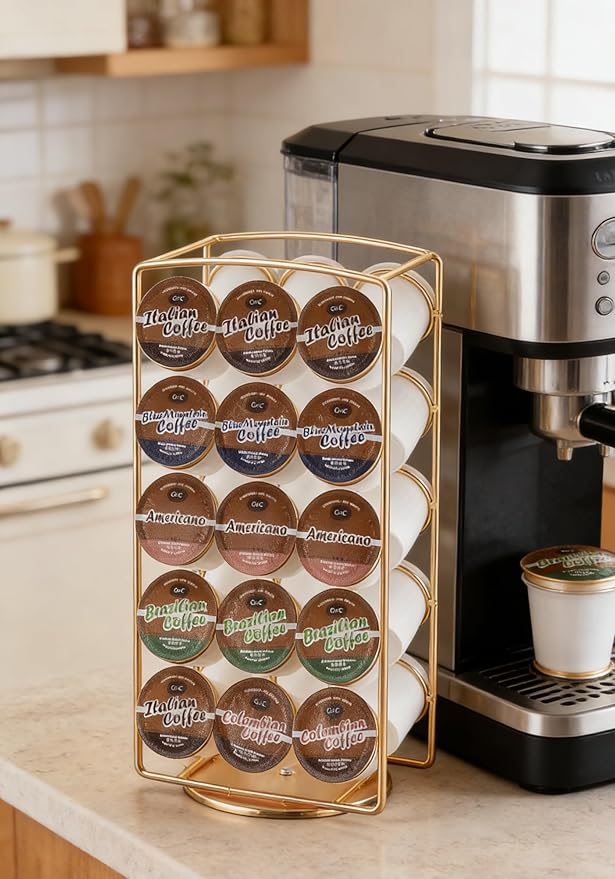 Alessia Cara Tabletop K Cup Holder, Coffee Pod Stand Holder, K-Cups Capsule Storage Rack for 30 pods, 360 degrees rotatable, No Assembly Required, Gold