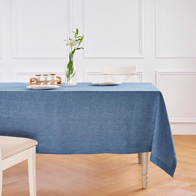 Solino Home Linen Cloth Tablecloth 52 x 52 Inch - 100% Pure Linen Blue Denim Square Tablecloth - Athena, Machine Washable Table Throw for Summer