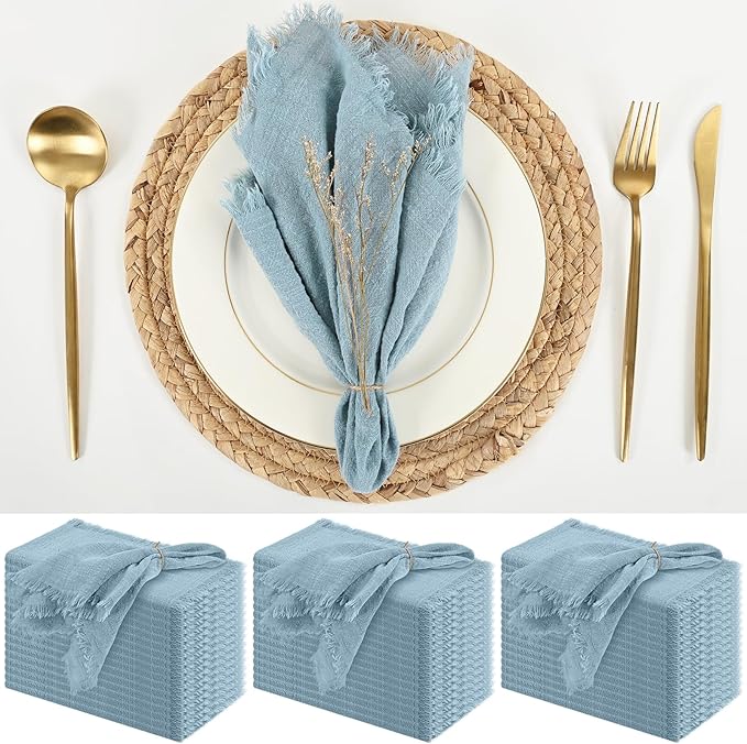 50 Pack Dusty Blue Handmade Cloth Napkins 16 x 16 Inch Cotton Linen Napkins with Fringe, Washable and Reusable Napkins, Soft Rustic Boho Fringe Cloth Napkins for Dinners,Parties, Wedding