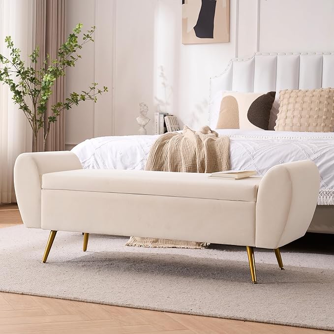 Storage Bench for Bedroom, 55" Extra Long Bench for King Size Bed, Modern Upholstered End of Bed Ottoman Bench with Arms for Entryway Living Room (Velvet, Ivory White)