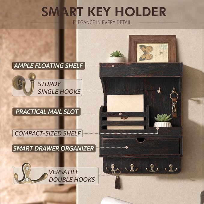 Rebee Vision Pine Wood Key Holder Wall Mount with Drawer Organizer - Farmhouse Key Holder for Wall with 6 Sturdy Hooks & Floating Shelf - Ideal Mail Organizer for Home Decor (Distressed Black)