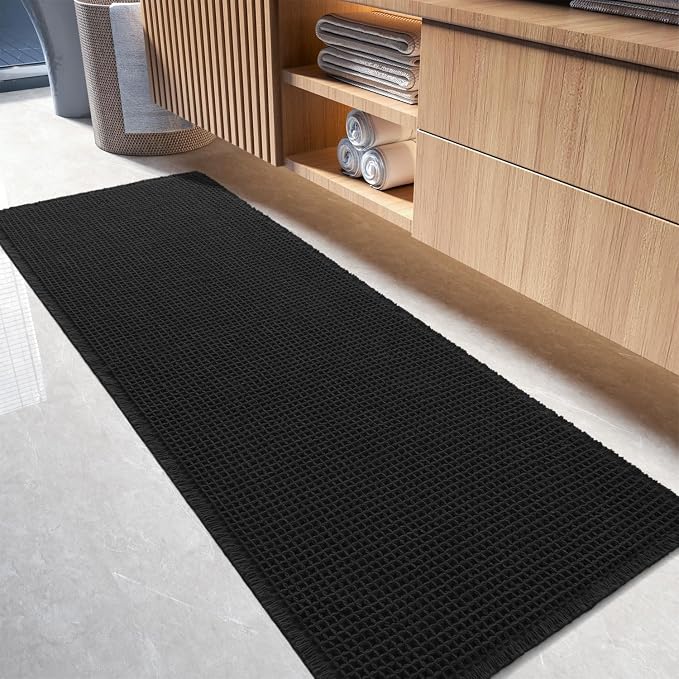 tchdio Waffle Bath Mat-Runner Rug, Super Absorbent Non Slip Bath Mats for Bathroom Machine Washable Long Rugs with Tassels, Bath Rugs for Bathroom Floor Beside Tub, 2' x 6'(24" x 72"), Black
