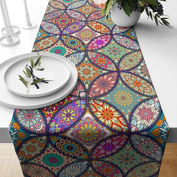 Boho Table Runner Vintage Bohemian Colorful Seasonal Table Runners for Party Kitchen Dining Coffee Bohemian Table Bedroom Dressers Indoor Outdoor Table Runner, 13x36 Inch