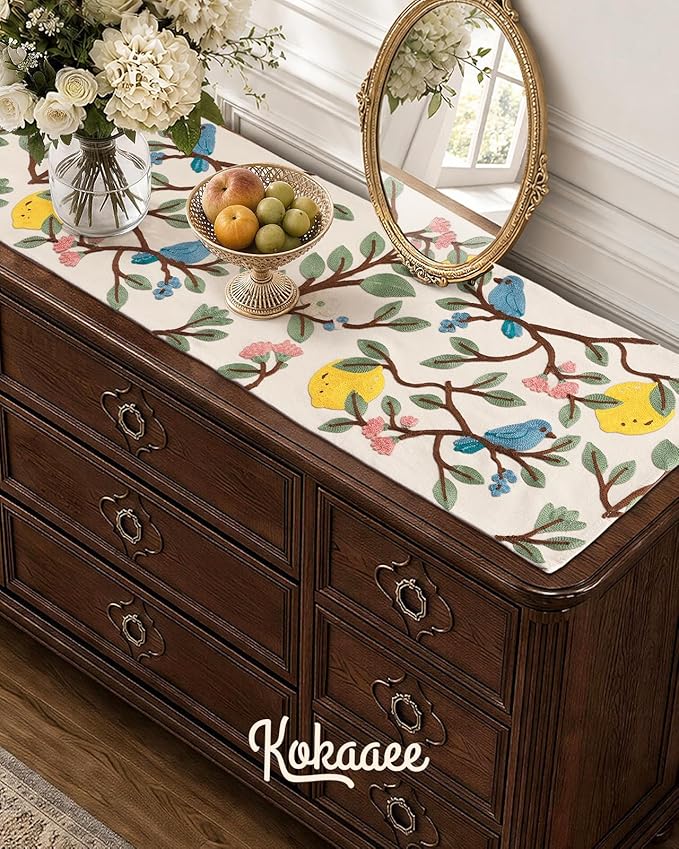 Canvas Embroidered Table Runner - 13"x 36" Short Coffee Table Runner for Living Room French Tablerunner for Dining Room Washable Kitchen Island Counter Decor Housewarming Gift, Lemon Bird