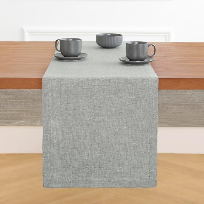Solino Home Linen Table Runner 108 Inches Long - Athena, 100% Pure Linen Chambray Grey Table Runner 14 x 108 Inch for Dining