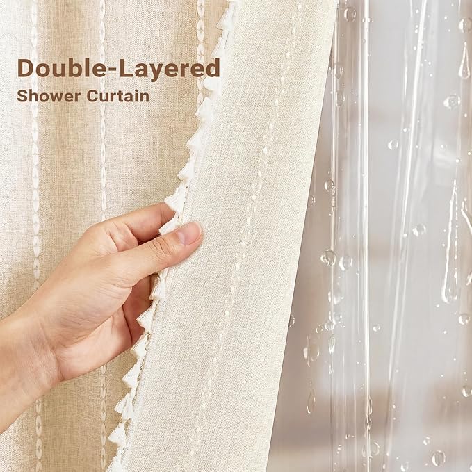 BTTN 3 in 1 Shower Curtain with Liner, 78 Inch Long Boho Linen Striped Cloth Shower Curtain Set with Hook, Farmhouse Bohemian Country Waterproof Fabric Shower Curtain for Bathroom, Cream/Beige, 72x78