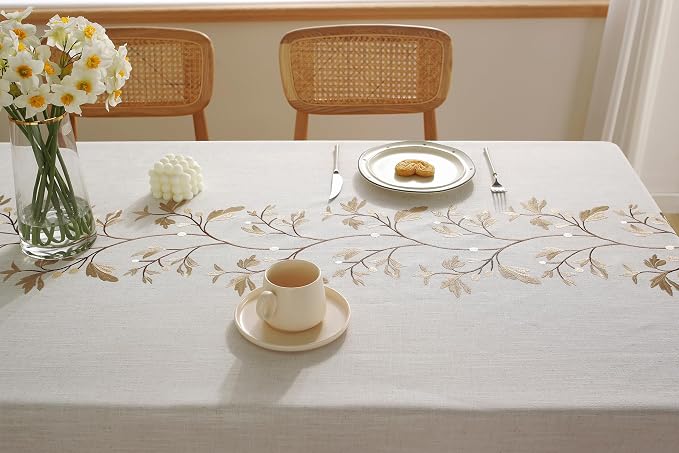 Alsoo Embroidered Tablecloth Rectangle 55 x 75 Inch, Farmhouse Otanical Floral Table Cloth Waterproof Washable Cotton Linen Fabric for Thanksgiving Spring Fall