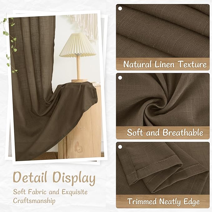 LAMIT Semi Sheer Linen Curtains 40 Inch Length for Short Windows, Brown Light Filtering Kitchen Window Drapes Back Tab and Rod Pocket Rustic Panels for Bathroom/Cafe, 2 Panels, 34 x 40 Inch