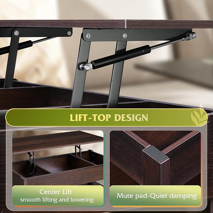 WLIVE Coffee Table, Lift Top Coffee Table with 2 Drawers, Large Hidden Compartment and Open Storage Shelf, Lift Tabletop, Dining Table for Living Room, Espresso