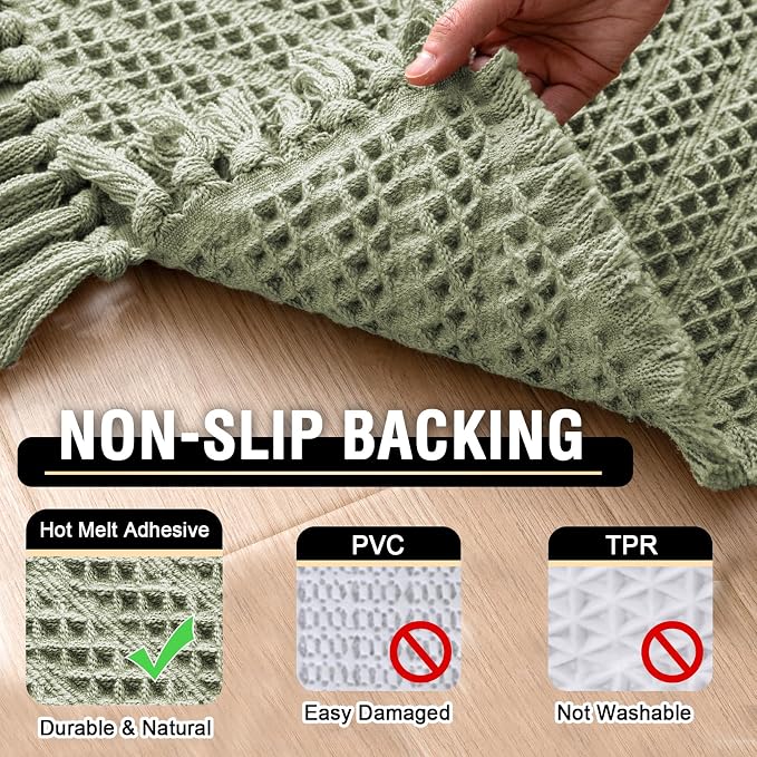 H.VERSAILTEX Waffle Bath Runner Rug Long Bath Mat Super Absorbent Boho Bath Rugs Non Slip Bath Runner for Bathroom Floor Machine Washable Dry Fast Bathroom Rugs with Tassels, 24" x 60", Sage