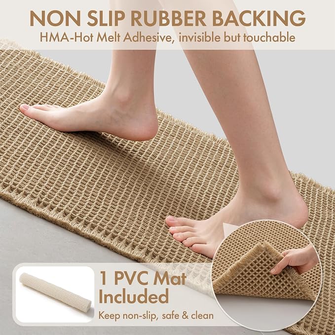 MIULEE Waffle Bathroom Runner Rugs, Super Absorbent Non Slip Bath Rug, Upgraded Soft Quick Dry Washable Boho Long Bath Mat with Tassels for Hallway Laundry Room Bedroom, 2'x4' (24"x48"), Brown