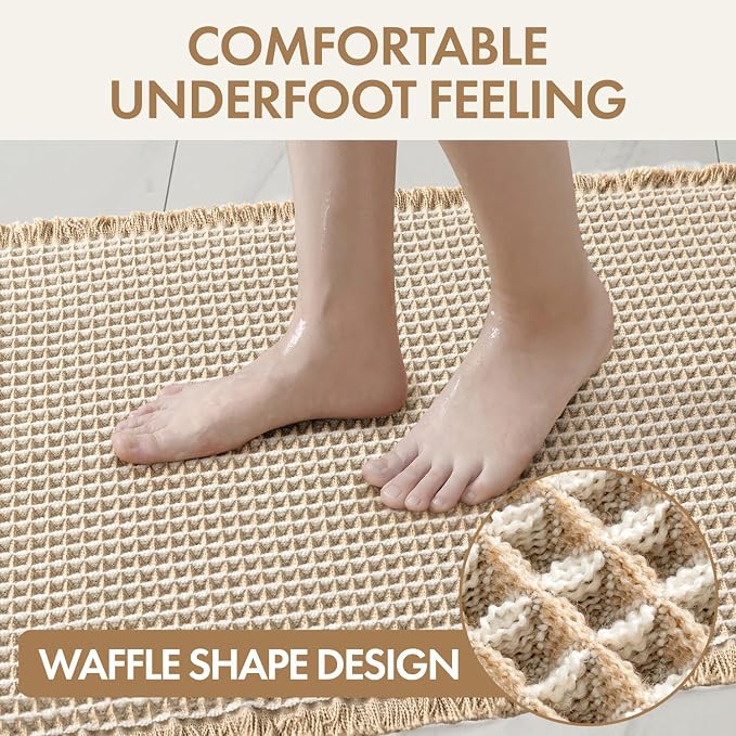 MIULEE Waffle Bathroom Runner Rugs, Super Absorbent Non Slip Bath Rug, Soft Quick Dry Washable Boho Long Beige Bath Mat with Tassels for Hallway Laundry Room Bedroom, 2'x4' (24"x48"), Brown & White