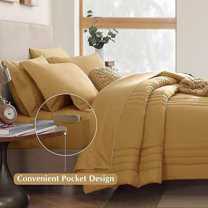 Monbix Queen Comforter Set - 7 Pieces Desert Yellow Bed in a Bag Queen Bedding Sets with Comforters, All Seasons Comforter Bed Set with Sheets, Pillowcases & Shams