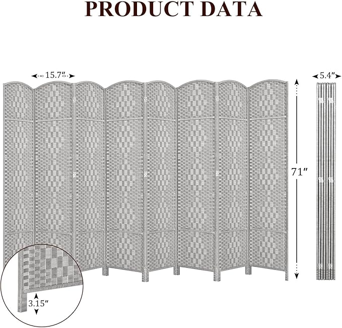 HALLYBEE Room Divider, Room Dividers and Folding Privacy Screens, 16in Privacy Screen, 8 Panel Temporary Wall Partitions, 6ft Space Separation Panel Screen, Stone Grey