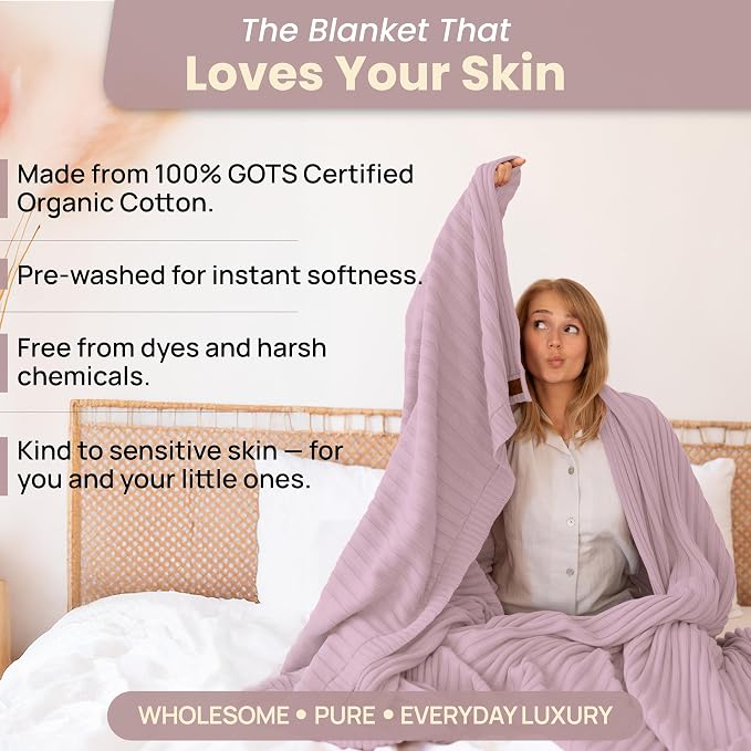 Dalisa 100% Organic Cotton Knit Blanket Denise -Soft and Lightweight, Breathable All-Season Throw for Bed, Sofa, or Lounge Area -Perfect for Home and Bedroom Styling (Lavender Frost, 80x90)