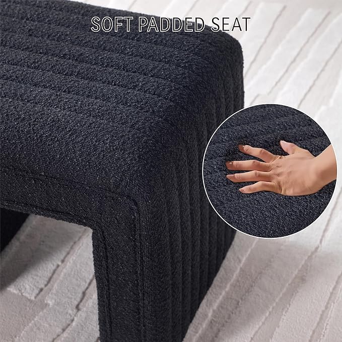 Get Set Style Vanity Stool Chair,Modern Boucle Ottoman Foot Stool with Wooden Legs Sofa Bench Footstool Extra Seat for Vanity,Makeup Room,Living Room,Entryway,Office (Fully Assembled) (Black)